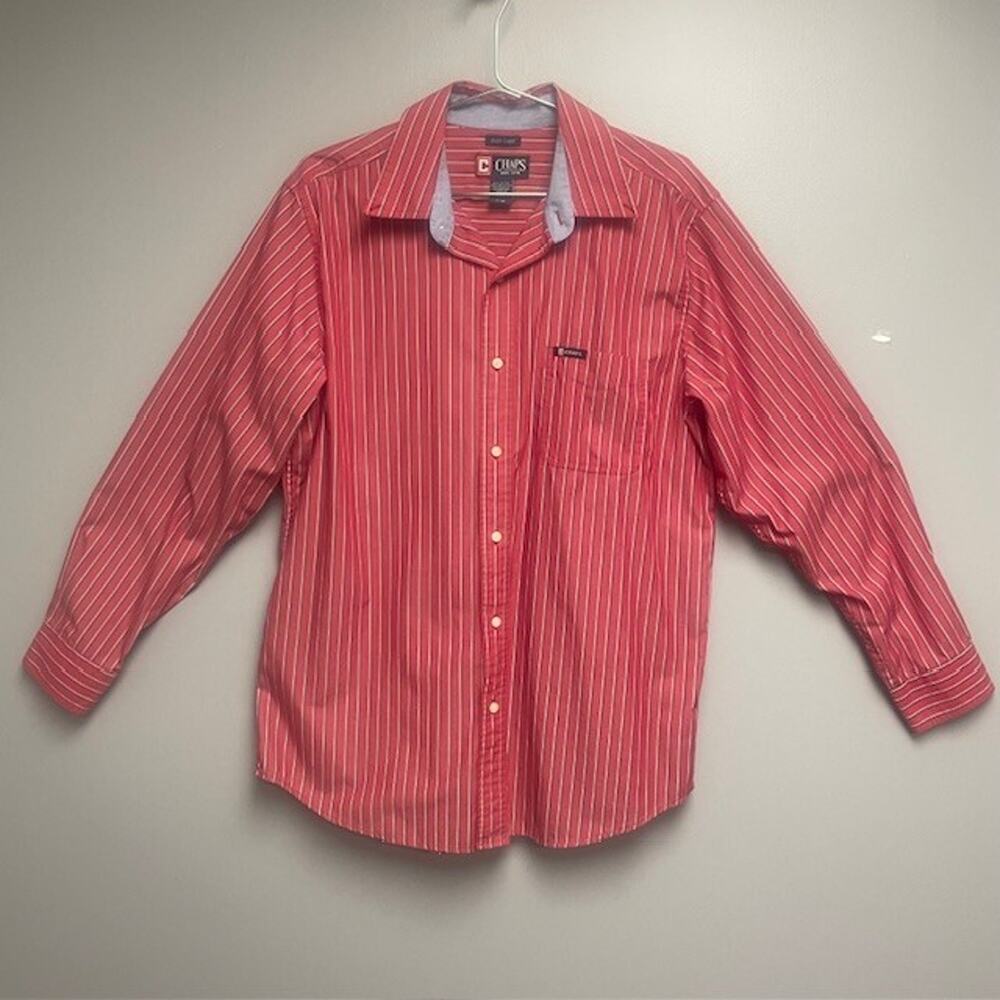 Chaps Mens Long Sleeve Easy Care Button Down Shirt Red Striped - Size L/G